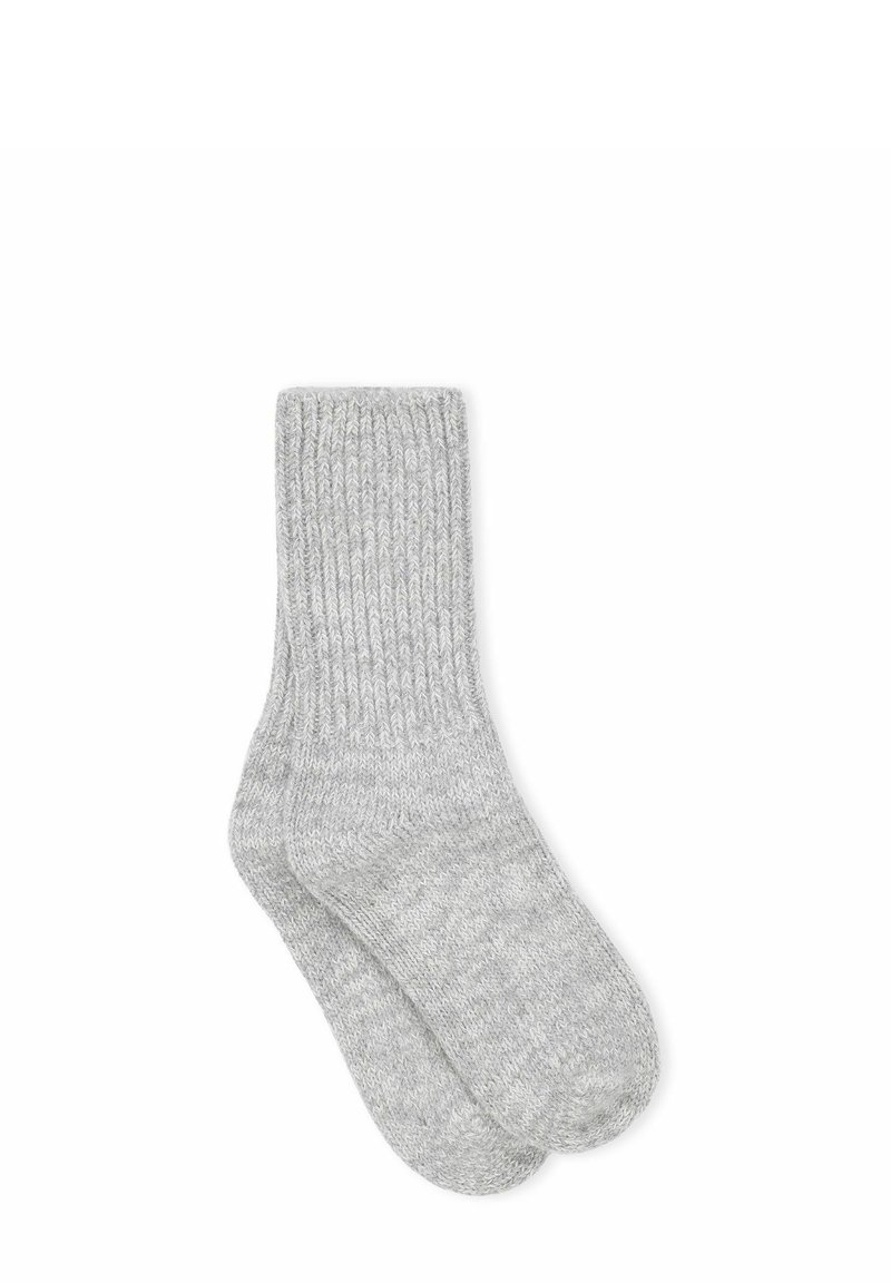 Calzini grigi a coste realizzati in materiale lavorato a maglia con una texture morbida, caratterizzati da un'altezza media e una punta arrotondata.