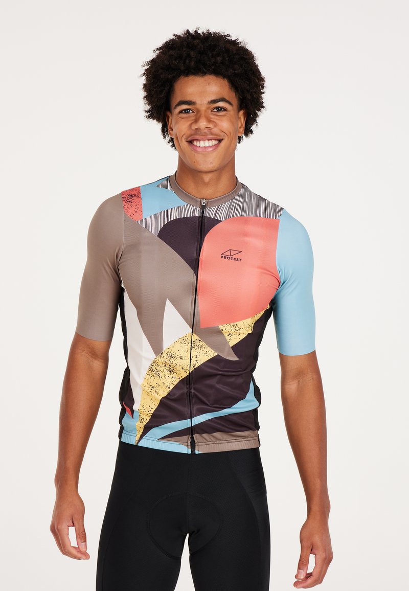 Maillot de cyclisme à manches courtes avec un motif géométrique aux couleurs comme le bleu, le rouge, le jaune et le marron ; fabriqué en matériau léger et respirant.