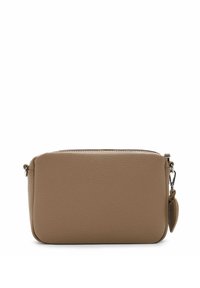 Tan leather pouch bag with a textured surface, rectangular shape, zip closure, side hardware, and an attached decorative tag.