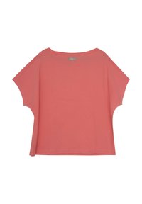 Korallowo-różowa, krótka bluzka o luźnym kroju z szerokim dekoltem i małymi rozcięciami po bokach, pokazana z tyłu.