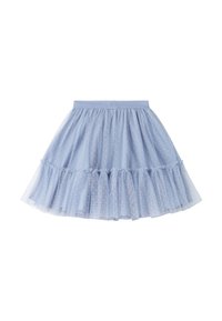 Gonna in tulle azzurro chiaro con un design a volant sovrapposti, vita elastica e motivo a pois bianchi. Tessuto morbido e trasparente.