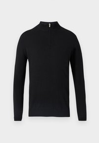 Schwarzer Pullover mit hohem Kragen und halbem Reißverschluss, hergestellt aus einem glatten Stoff. Mit gerippten Bündchen und Saum für eine enganliegende Passform.