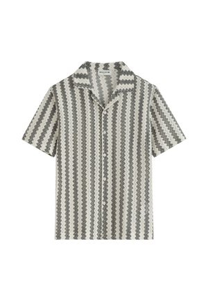 Chemise à manches courtes boutonnée avec un motif à rayures verticales en zigzag gris et blanc et un col.