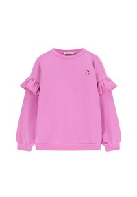 Sweatshirt rose avec des manches volantes, encolure ronde et un petit logo de smiley rouge sur le devant. Tissu doux, design décontracté.
