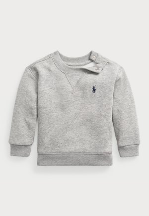Sweat-shirt bébé manches longues gris clair avec poignets côtelés, fermeture pression à l'épaule et petit logo cheval brodé bleu foncé sur la poitrine.