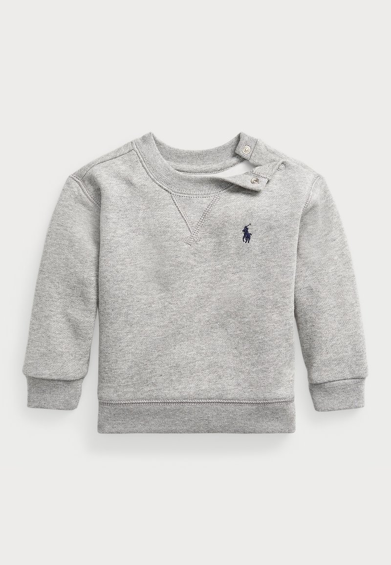 Sweat-shirt bébé manches longues gris clair avec poignets côtelés, fermeture pression à l'épaule et petit logo cheval brodé bleu foncé sur la poitrine.