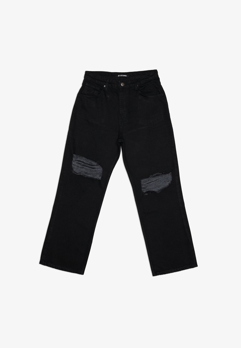 Jean noir droit avec des patches usés sur les deux genoux et un design cinq poches, posé à plat sur un fond blanc.