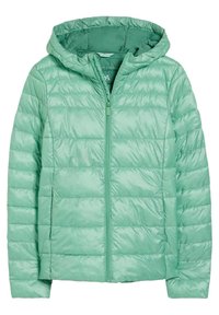 Chaqueta acolchada de color verde claro con diseño acolchado, cierre de cremallera y capucha ajustada. Fabricada con tela ligera y duradera.