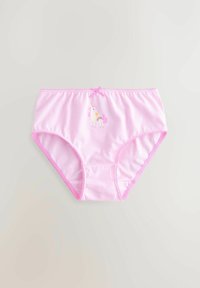 Culottes en coton rose avec un motif de licorne, bordure en dentelle et détail en ruban à la taille. Texture lisse et design offrant une couverture complète.