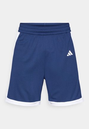 Marineblaue Sportshorts mit weißen Seitestreifen. Elastischer Bund für Komfort. Das Material wirkt glatt mit einer atmungsaktiven Oberfläche.