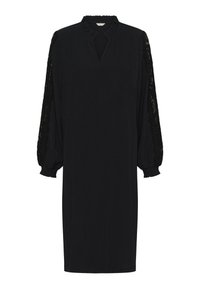 Vestido negro con un cuello con volantes, escote con abertura y mangas de encaje, de corte holgado y con puños largos elásticos.