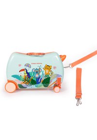 Light blue and orange kids' rolling suitcase with jungle animal illustrations and detachable orange shoulder strap on white background.