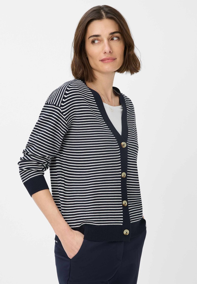 Marineblau-weiß gestreifter Cardigan mit V-Ausschnitt, langen Ärmeln, fünf großen Knöpfen vorne und geripptem Saum und Bündchen.