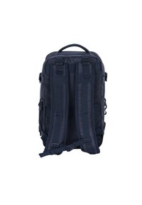 Dunkelblauem Rucksack aus strapazierfähigem Nylon, mit gepolsterten Schultergurten, einem oberen Griff und zwei Seitentaschen. Minimalistisches Design.