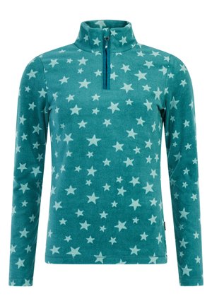 Teal fleece pullover trui met lange mouwen, een korte ritssluiting aan de voorkant, hoge kraag en een lichtgekleurde sterrenpatroon over de hele trui.