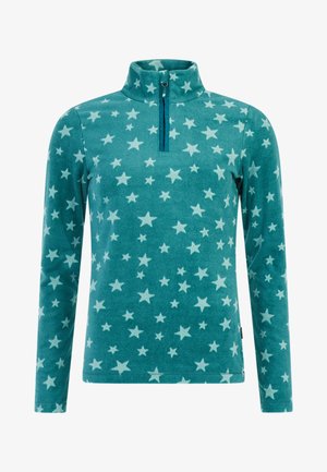 Maglione in pile teal con maniche lunghe, una corta cerniera anteriore, colletto alto e motivo di stelle di colore chiaro su tutta la superficie.