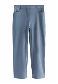 Lichtblauwe, rechte broek van zacht, glad materiaal, met twee zijzakken en minimale stikseldetails.