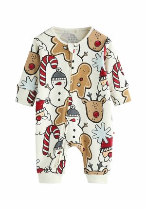 Body niemowlęce z nadrukiem świątecznym przedstawiającym bałwanki, pierniczki, renifery, laski cukrowe, twarze Mikołaja i płatki śniegu w kolorach czerwonym, brązowym i białym.