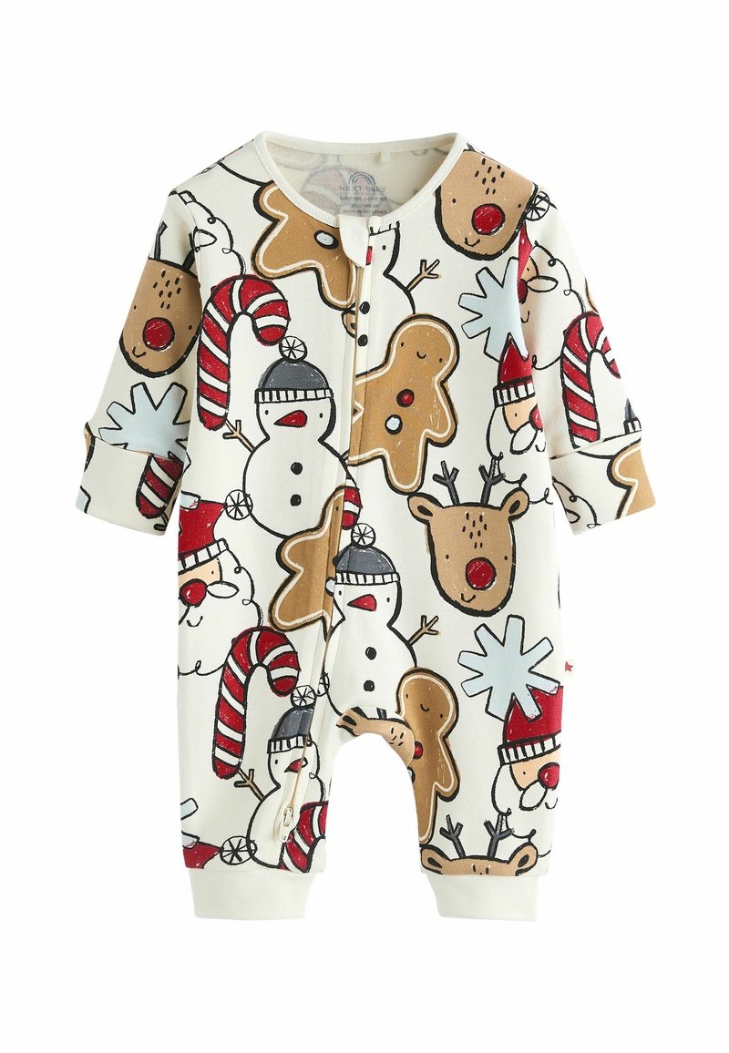 Body bébé avec imprimé de Noël comprenant des bonhommes de neige, des bonshommes en pain d'épice, des rennes, des cannes en sucre d'orge, des visages du Père Noël et des flocons de neige en rouge, marron et blanc.