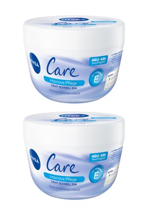 Two Nivea Care Intensive Pflege moisturizing cream containers with Vitamin E, labeled for face, body, and hands, featuring 48-hour hydration.