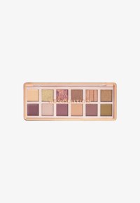 Palette di ombretti con 10 tonalità in diverse finiture, tra cui opaca e satinata. I colori vanno da un beige chiaro a un viola intenso e verde oliva.