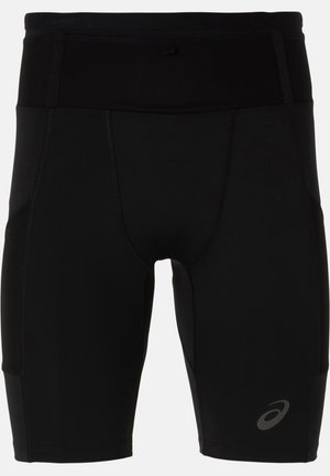 Schwarze Sportshorts mit einer enganliegenden Passform, hergestellt aus glattem Material. Sie verfügen über einen hohen Taillenbund und ein kleines Logo am unteren linken Bein.