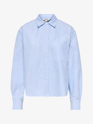 Light blue long-sleeve button-up shirt with white vertical stripes and a chest pocket on the left side.