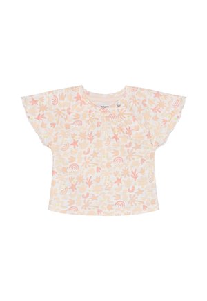 Katoenen top met korte mouwen in pasteltinten met bloemen- en golfpatronen. Voorzien van gerimpelde mouwen en een kliksluiting bij de hals.