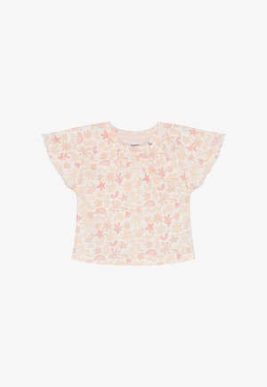 Top in cotone a maniche corte in colori pastello con motivi floreali e onde. Presenta maniche arricciate e chiusura a scatto al collo.