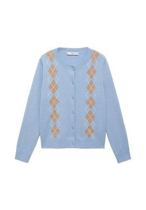 Lichtblauwe cardigan met een ronde hals, voorzien van een ruitpatroon in bruin en wit aan de voorkant. Vijf knopen, lange mouwen.