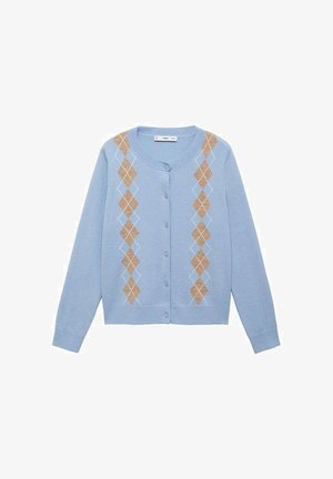 Light blue cardigan with a round neckline, featuring a diamond pattern in brown and white along the front. Five buttons, long sleeves.