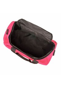 Borsa in tessuto rosa con manici marroni, vista aperta che mostra un interno scuro, senza scomparti o motivi, bordi leggermente imbottiti.