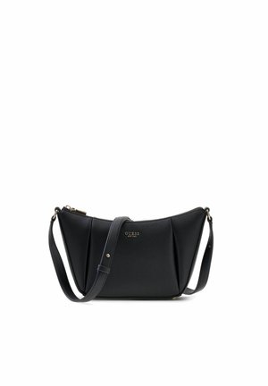 Sac bandoulière en cuir noir avec sangle réglable et logo GUESS doré sur le devant, avec fermeture éclair sur le dessus.