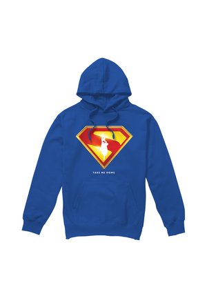 Blue hoodie with a Superman-style emblem featuring a silhouette holding a lightsaber and the text "TAKE ME HOME" below the logo.