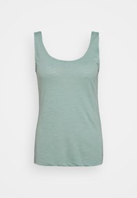 Ljust grönt ärmlöst linne i mjukt, texturerat tyg, med rundad halsringning och en avslappnad passform. Inga synliga mönster eller detaljer.