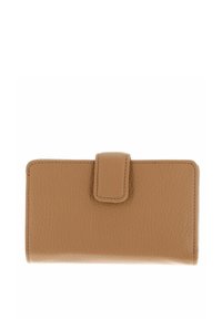 Portafoglio in pelle color tan con una finitura testurizzata, forma rettangolare e chiusura con lembi frontali. Presenta cuciture sottili lungo i bordi.