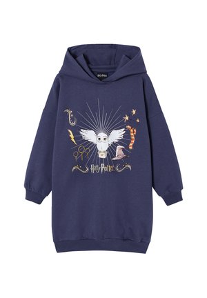 Marineblaues Hoodie-Kleid mit Harry-Potter-Design, das die Eule Hedwig, magische Symbole, Schal, Sprechhut und Blitz zeigt.