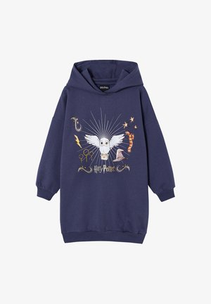 Marineblaues Hoodie-Kleid mit Harry-Potter-Design, das die Eule Hedwig, magische Symbole, Schal, Sprechhut und Blitz zeigt.