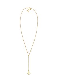 Guldhalskæde med en tynd kæde og en hængende pendant formet som et fly. Designet er minimalistisk med en glat tekstur.