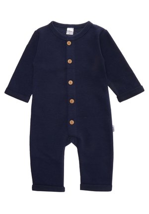 Navy cotton baby onesie with long sleeves, button down front featuring wooden buttons, rolled cuffs, and a round neck design.