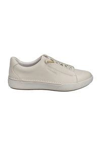 Zapatilla beige claro con parte superior de cuero liso, forma curvada, puntera redonda, diseño de cordones y suela de goma texturizada. Acento dorado cerca de los cordones.