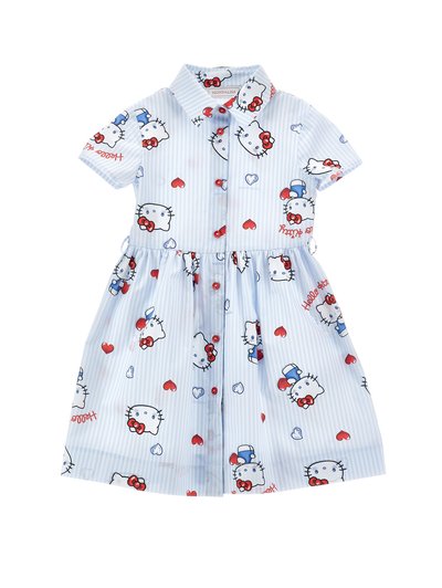 Φόρεμα με ανοιχτό μπλε και λευκές ρίγες, κοντά μανίκια, κόκκινα κουμπιά και μοτίβα με πρόσωπα Hello Kitty, καρδιές και το κείμενο "Hello Kitty".