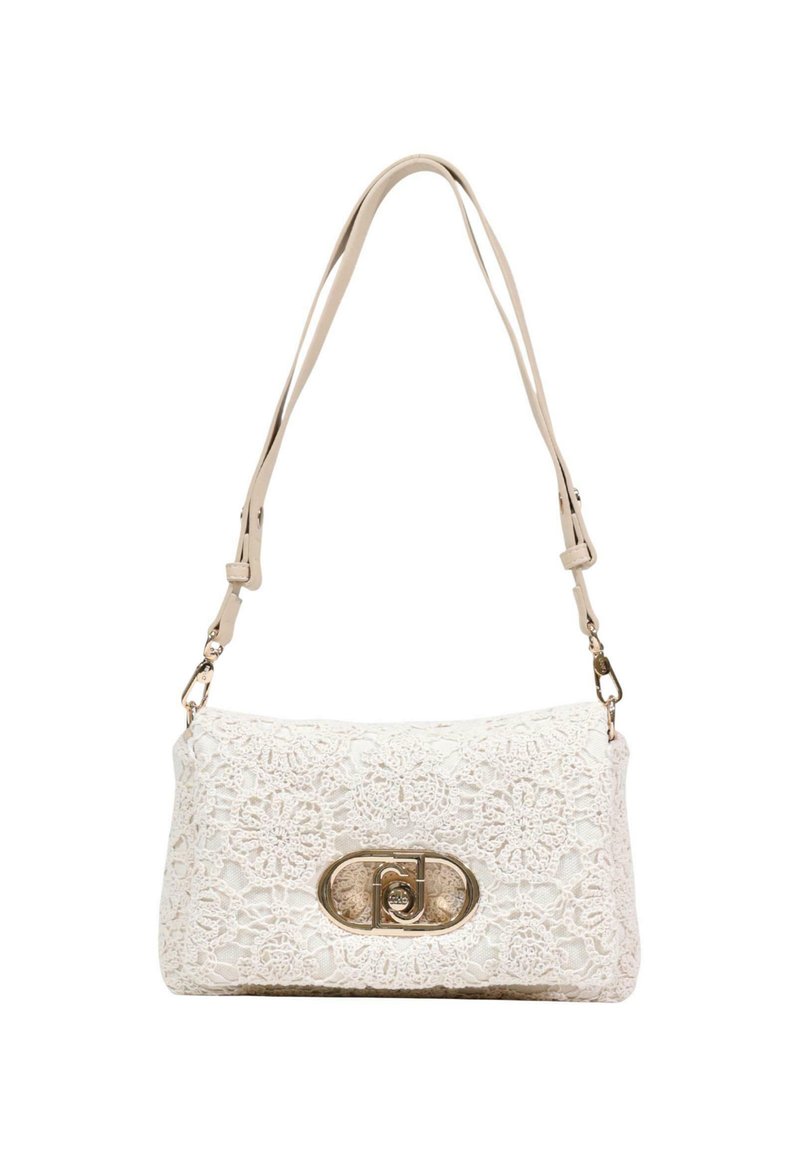 Weiße Schultertasche mit floralem Spitzenüberzug und goldfarbenem ovalem Verschluss, mit verstellbaren beigen Trägern.