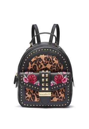 Mini zaino nero con pannello a stampa leopardata, borchie dorate, rose rosse e rosa ricamate sul flap anteriore, manico superiore e doppie spalline.