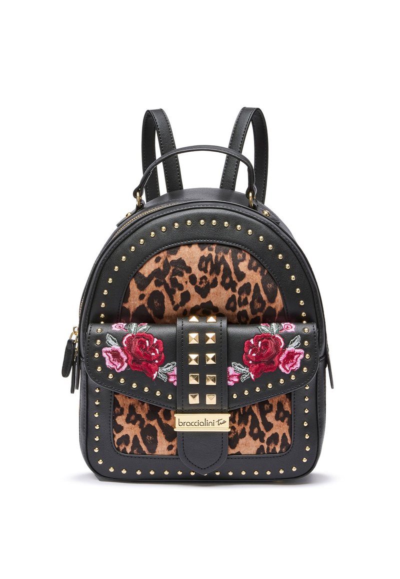 Mini zaino nero con pannello a stampa leopardata, borchie dorate, rose rosse e rosa ricamate sul flap anteriore, manico superiore e doppie spalline.