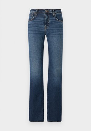 Mørkeblå denim jeans med lige ben, høj talje, subtil falmning, fem lommer og metalknaplukning.