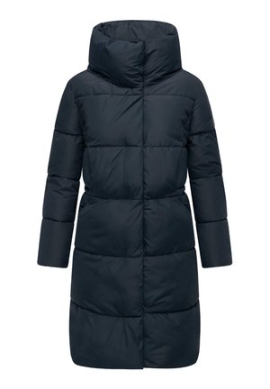 Námornícky modrá puffa bunda s vysokým golierom, dlhými rukávmi a prešívaným vzorom. Má rovný strih a trochu lesklú textúru látky.