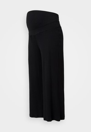 Musta ribattuja äitiysfarkut, joissa on leveä, joustava vyötärö. Löysä istuvuus ja kokopitkä muotoilu tarjoavat mukavuutta ja liikkuvuutta.