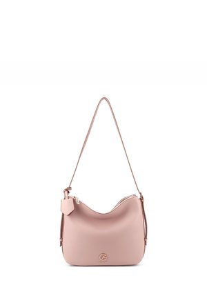 Borsa a tracolla in pelle rosa chiaro con parte superiore curva, tracolla regolabile, chiusura con cerniera e piccolo logo al centro anteriore.