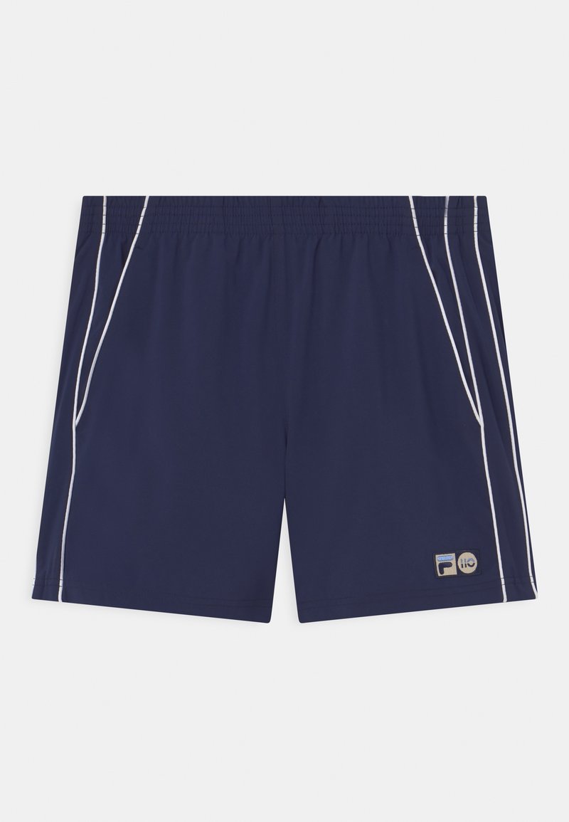Navy athletic shorts made of lightweight fabric, featuring white side stripes and an embroidered logo on the lower right.